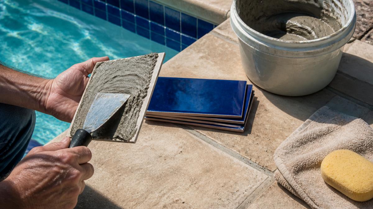 Close-up of hands applying waterproof pool-rated adhesive to the back of a replacement waterline tile, with a putty knife and bucket of thinset nearby on the pool deck