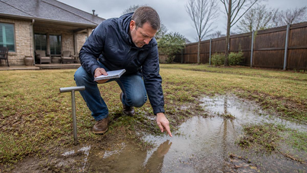 A homeowner kneeling in a soggy backyard, examining a low spot where water has pooled after rain, with a notebook and soil probe nearby, overcast sky, realistic outdoor scene