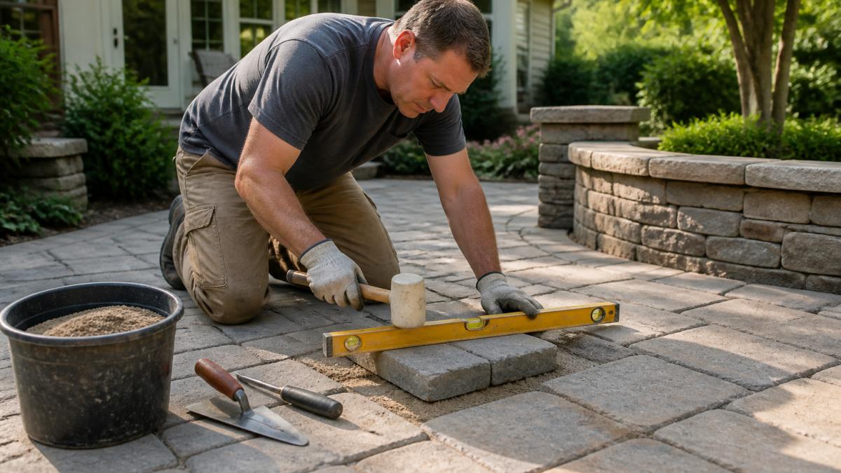 A homeowner kneeling on a paver patio, using a spirit level and rubber mallet to reset an uneven paver, with a bucket of sand and hand tools nearby in afternoon sunlight